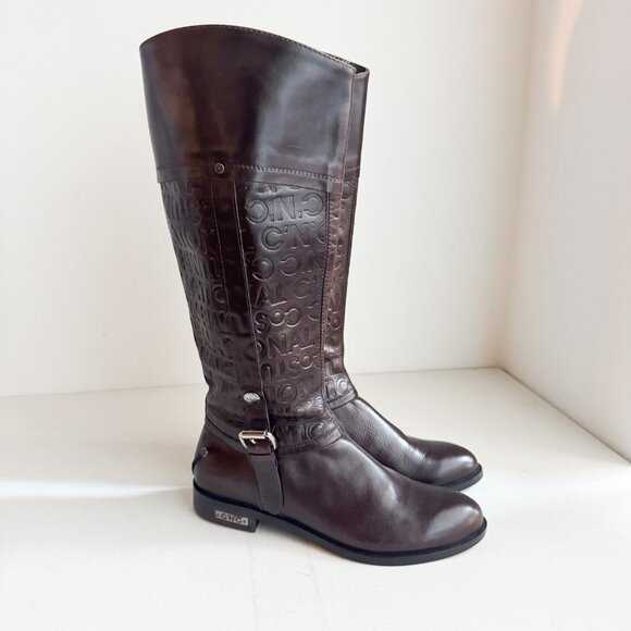Costume National Chestnut Brown Spell-out Tall Riding Boots 37 - Picture 1 of 12